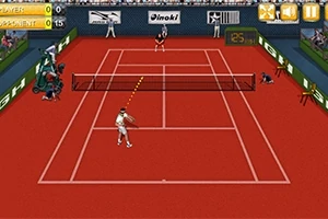 Juego de tenis de estilo retro con dos jugadores en una cancha roja, mostrando acción y puntuaciones