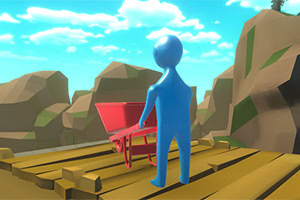 Un personaje azul de pie sobre una plataforma de madera, mirando una carretilla roja, con un fondo de colinas y cielo azul con nubes
