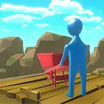 Un personaje azul de pie sobre una plataforma de madera, mirando una carretilla roja, con un fondo de colinas y cielo azul con nubes