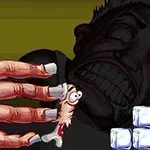 Un personaje pequeño y caricaturesco con grandes ojos está entre los dedos de una mano, frente a bloques de hielo, con un rostro oscuro y amenazante al fondo