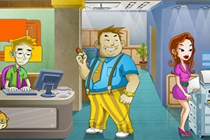 Un hombre con camisa azul y tirantes amarillos, una mujer con vestido rosa y un hombre con camisa verde y corbata púrpura, todos en una oficina colorida