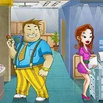 Un hombre con camisa azul y tirantes amarillos, una mujer con vestido rosa y un hombre con camisa verde y corbata púrpura, todos en una oficina colorida