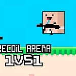 Dos personajes pixelados con armas en un entorno de plataformas, con texto que dice Recoil Arena 1VS1