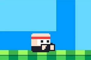 Personaje pixelado con una cinta roja en la cabeza sobre un fondo azul y verde