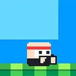 Personaje pixelado con una cinta roja en la cabeza sobre un fondo azul y verde