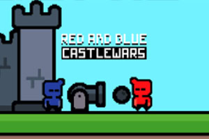 Personajes pixelados azul y rojo enfrentándose junto a un cañón y un castillo en un entorno de gráficos retro