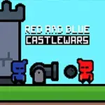 Personajes pixelados azul y rojo enfrentándose junto a un cañón y un castillo en un entorno de gráficos retro
