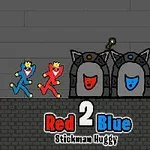 Dos personajes de palo, uno azul y otro rojo, corren hacia dos puertas cerradas con rostros de color correspondiente, sobre un fondo gris