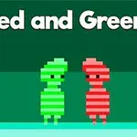 Dos figuras pixeladas, una verde y otra roja, de pie una al lado de la otra sobre un fondo verde con texto Red and Green 4 arriba