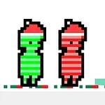 Dos personajes pixelados, uno verde y otro rojo con rayas, de pie sobre una plataforma con colores similares
