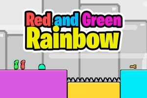 Dos personajes, uno rojo y otro verde, están sobre plataformas de colores con picos y una llave cercana