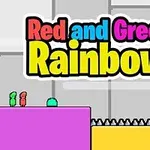 Dos personajes, uno rojo y otro verde, están sobre plataformas de colores con picos y una llave cercana