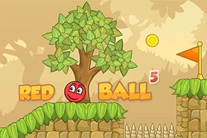 Una bola roja sonriente junto a un árbol sobre un camino de césped con una bandera naranja, un moneda dorada y un conjunto de pinchos