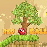 Una bola roja sonriente junto a un árbol sobre un camino de césped con una bandera naranja, un moneda dorada y un conjunto de pinchos