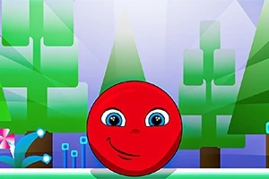 Bola roja sonriente con ojos grandes en un paisaje de árboles geométricos y colores vivos