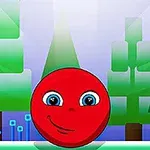 Bola roja sonriente con ojos grandes en un paisaje de árboles geométricos y colores vivos