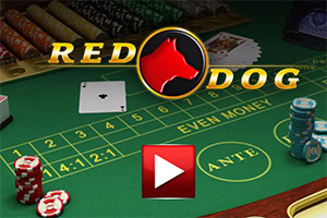 Mesa de casino con fichas, cartas y un botón para jugar, destacando un diseño de perro rojo