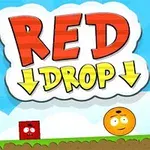 Cielo azul con nubes y letras grandes que dicen RED DROP encima de un personaje rojo cuadrado y otro personaje naranja redondo sobre hierba