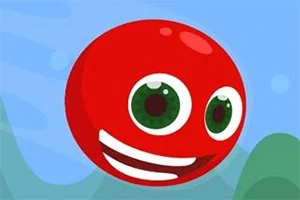 Carita sonriente de una esfera roja con ojos grandes en un fondo azul claro