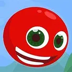 Carita sonriente de una esfera roja con ojos grandes en un fondo azul claro