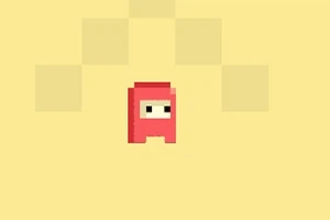Personaje pixelado en rojo con un ojo visible, en un fondo amarillo con patrones geométricos
