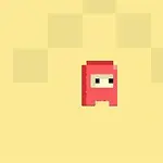 Personaje pixelado en rojo con un ojo visible, en un fondo amarillo con patrones geométricos