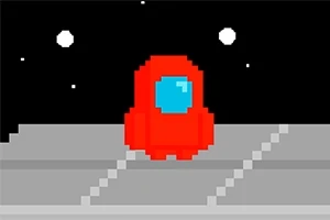 Personaje pixelado rojo sobre una plataforma gris en el espacio con fondo negro y estrellas blancas