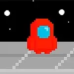 Personaje pixelado rojo sobre una plataforma gris en el espacio con fondo negro y estrellas blancas