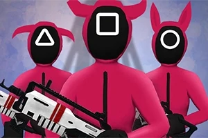 Tres figuras enmascaradas con capuchas rosas tienen símbolos geométricos en sus rostros y portan armas de color blanco y negro