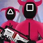 Tres figuras enmascaradas con capuchas rosas tienen símbolos geométricos en sus rostros y portan armas de color blanco y negro