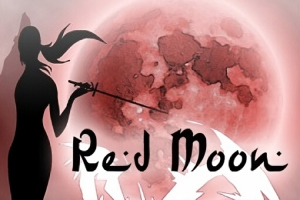 Silueta de una persona con espada frente a una gran luna roja con texto decorativo en la parte inferior