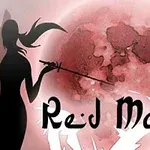 Silueta de una persona con espada frente a una gran luna roja con texto decorativo en la parte inferior