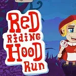 Niña con capa roja y canasta de mimbre parada en un bosque oscuro con un letrero colorido