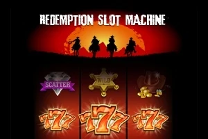Tres jinetes sobre caballos al atardecer con símbolos de máquina tragamonedas como Scatter, Wild, un sombrero de vaquero con monedas, y el número 7