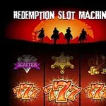 Tres jinetes sobre caballos al atardecer con símbolos de máquina tragamonedas como Scatter, Wild, un sombrero de vaquero con monedas, y el número 7