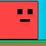 Un cuadrado grande rojo con cara al lado de un personaje pixelado pequeño, ambos sobre un suelo verde con fondo azul