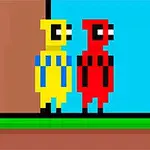 Dos personajes pixelados, uno amarillo y otro rojo, parados junto a un árbol en un paisaje sencillo y colorido