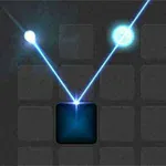 Rayo láser azul divergente sobre una cuadrícula oscura con un bloque iluminado en el centro