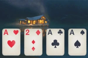 Cuatro cartas de póker (A de corazones, 2 de diamantes, A de tréboles, A de picas) frente a una cabaña iluminada en la noche