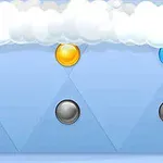 Nubes blancas sobre botones de colores verde, amarillo, azul y grises en un fondo azul claro con un botón anaranjado en la esquina inferior derecha
