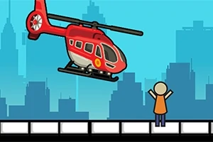 Un helicóptero rojo volando cerca de una figura de persona con los brazos levantados frente a un horizonte urbano