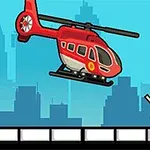 Un helicóptero rojo volando cerca de una figura de persona con los brazos levantados frente a un horizonte urbano