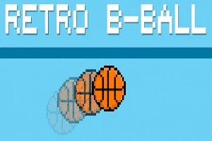 Texto en estilo retro que dice Retro B-Ball y un balón de baloncesto en movimiento con efecto de sombra sobre un fondo azul