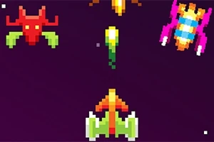 Aeronaves pixeladas de colores brillantes en un espacio oscuro