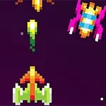 Aeronaves pixeladas de colores brillantes en un espacio oscuro