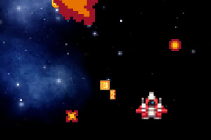 Nave espacial pixelada disparando en el espacio con fondo estrellado y elementos en llamas
