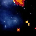 Nave espacial pixelada disparando en el espacio con fondo estrellado y elementos en llamas