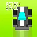 Coche de carreras pixelado en colores negro, blanco y azul sobre un fondo verde con el texto Retro Speed