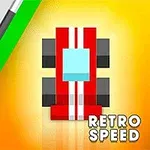 Un auto de carreras rojo con rayas blancas sobre un fondo amarillo con texto RETRO SPEED en la esquina inferior derecha