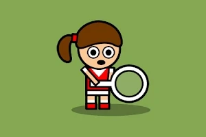 Una niña caricaturizada con una raqueta de tenis en un fondo verde
